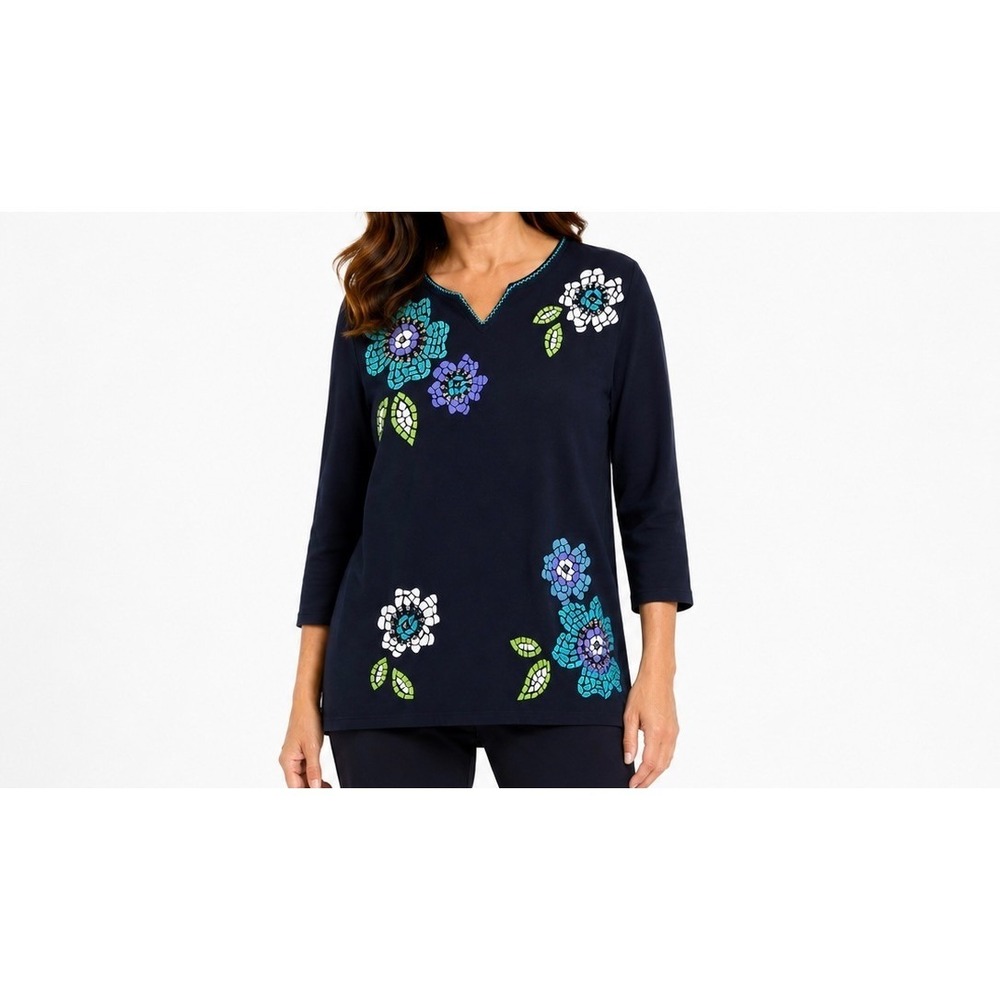 Alfred Dunner 1X Navy Blue Floral Mosaic Embroidered Sequin V-Neck Top Plus 1X